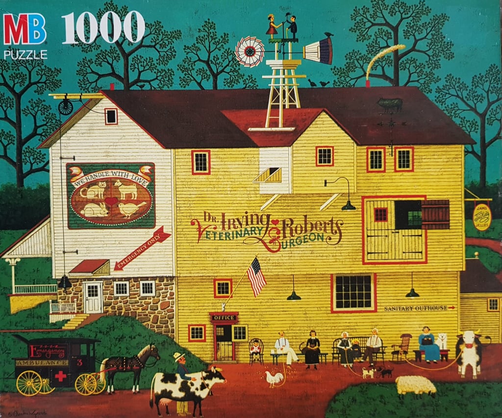 Illustration of a rustic yellow veterinary barn with animals and people waiting outside.
