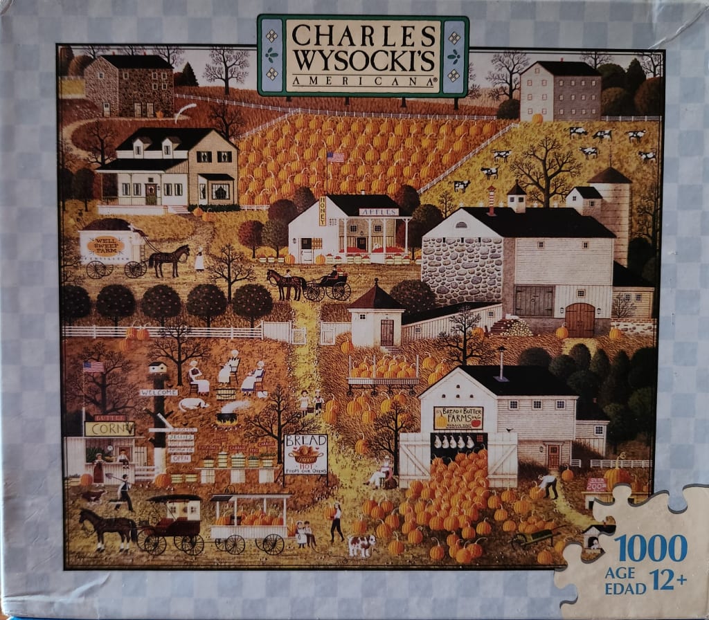 Folk art illustration of a bustling harvest-time farm scene with pumpkins, barns, and horse-drawn carriages.