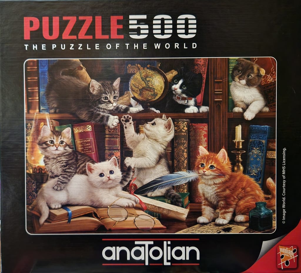 Six kittens playing in a library setting with old books, a globe, and an inkwell.