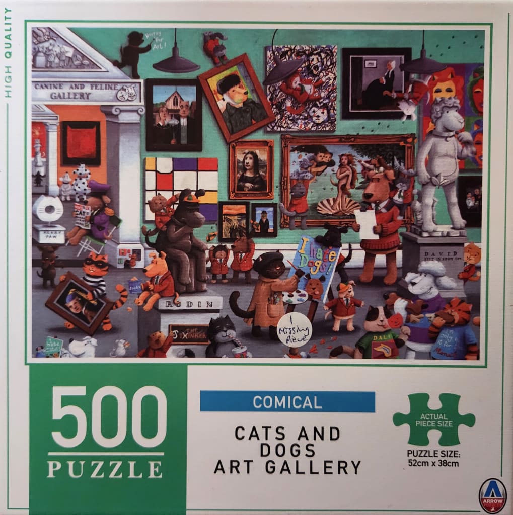 Cartoon illustration of anthropomorphic cats and dogs in an art gallery