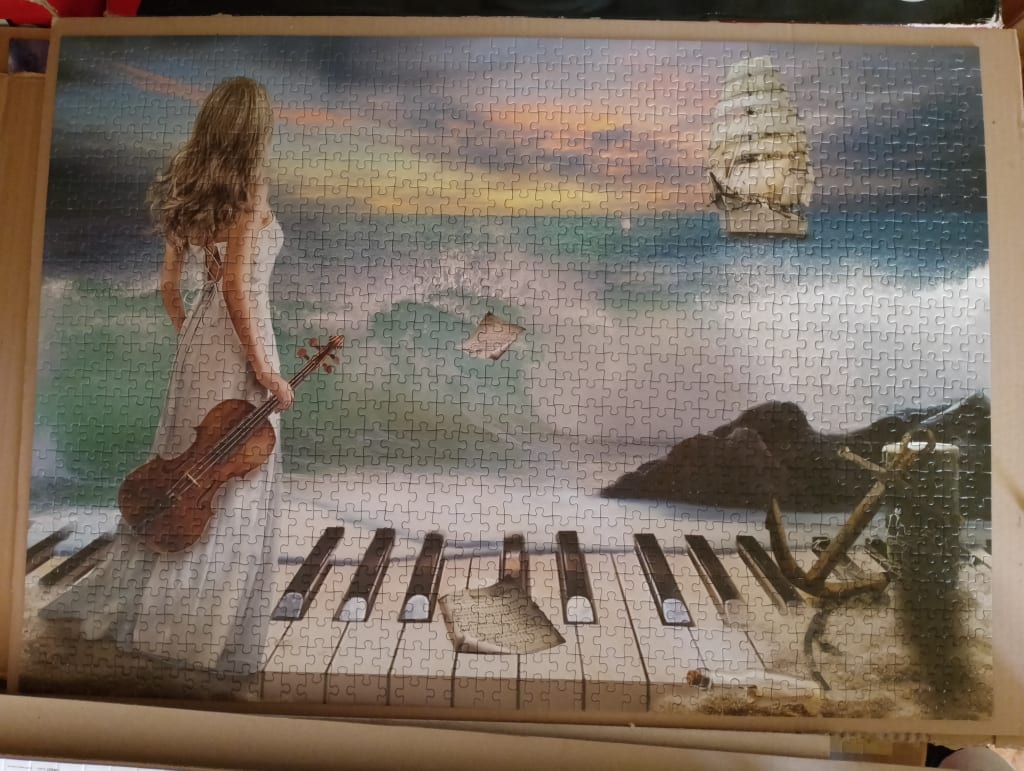 Surreal illustration of a woman in a white dress holding a violin while standing on giant piano keys by the sea.