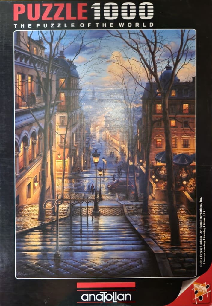 A rain-slicked European city street at dusk with stone stairs in the foreground and warm building lights.