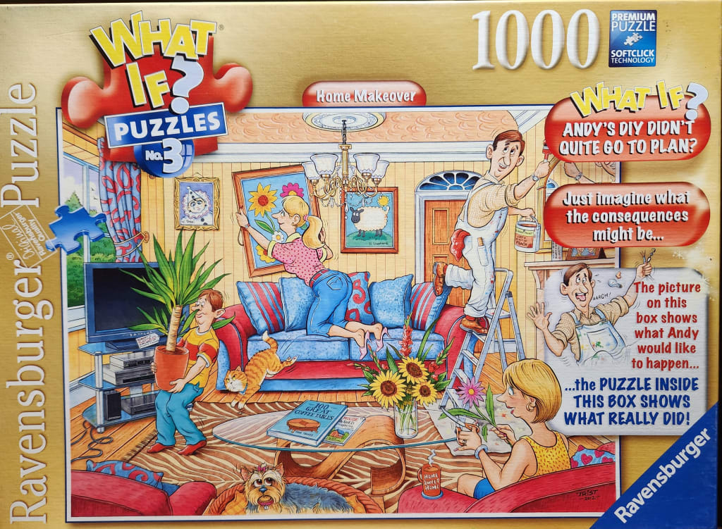 Cartoon illustration of a chaotic family living room makeover scene.