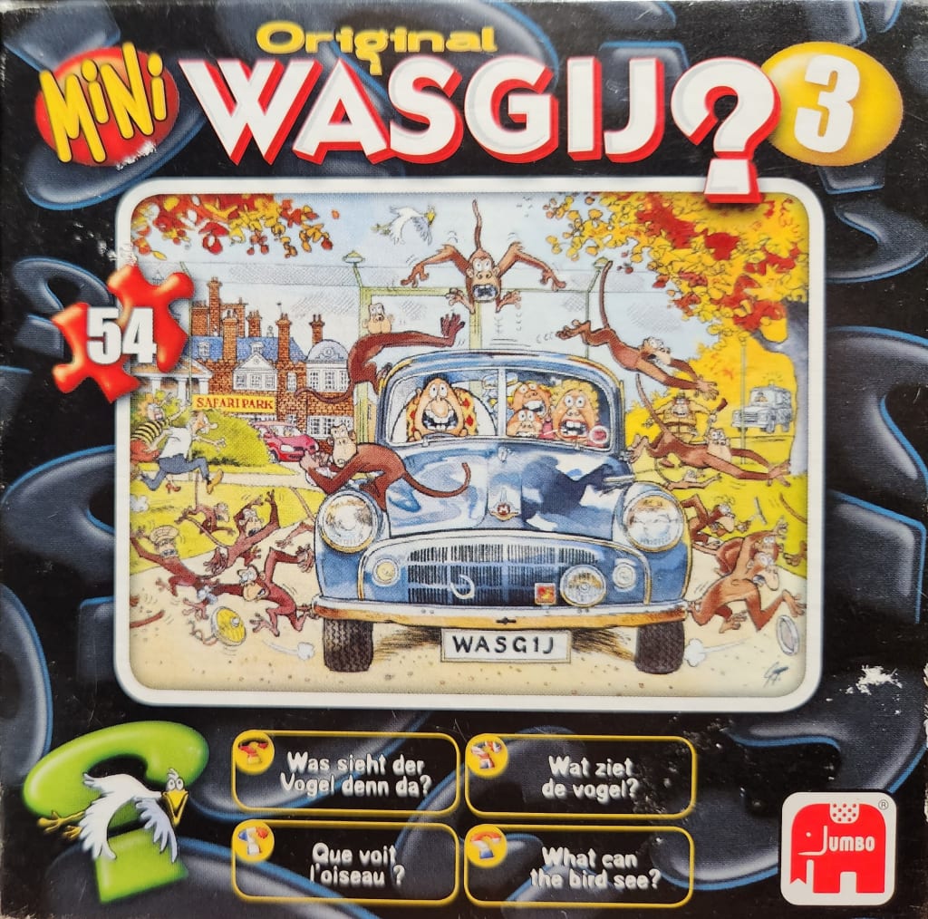 Cartoon illustration of a blue car being swarmed by monkeys at a safari park.