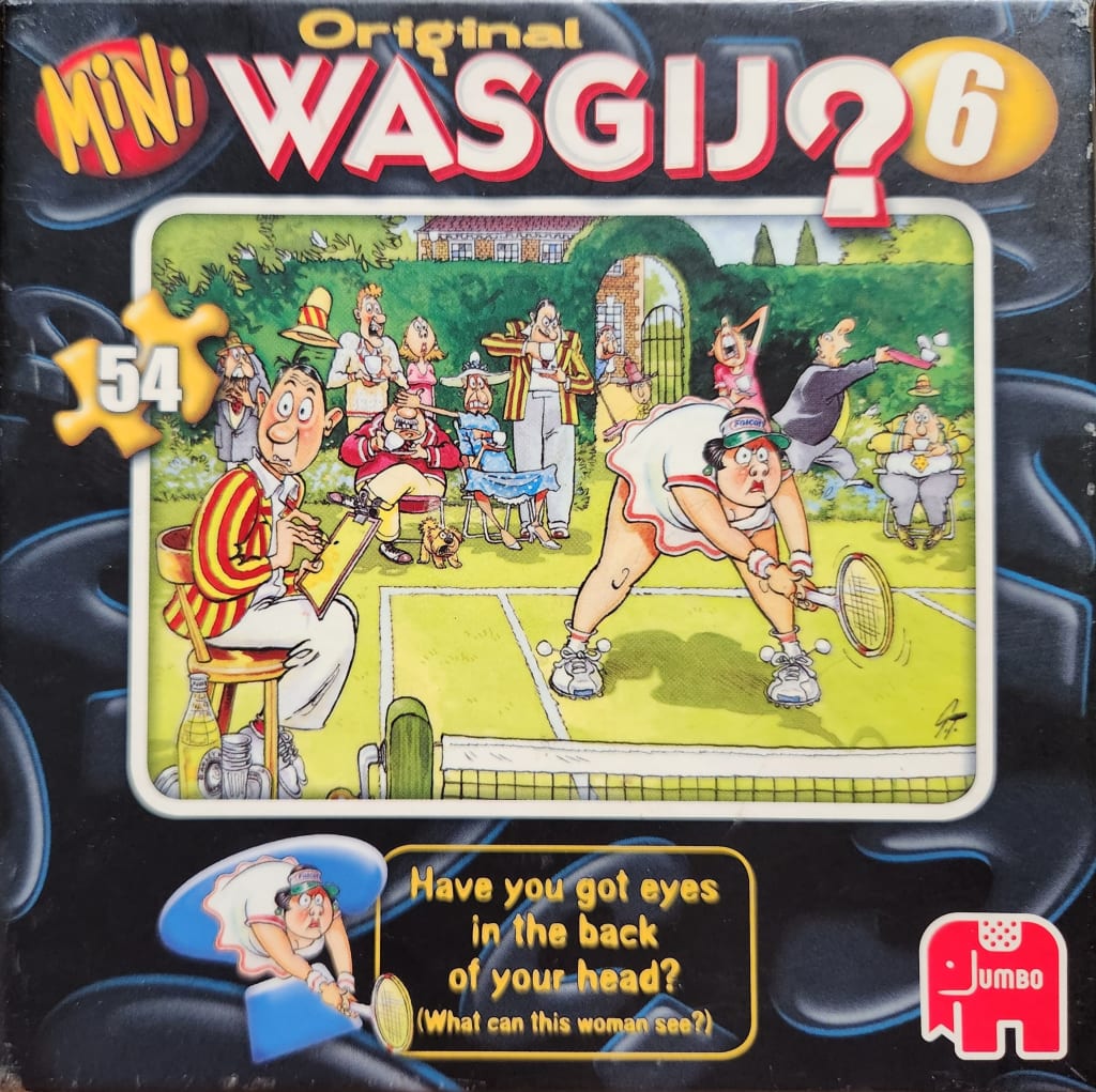 Cartoon illustration of a humorous tennis match scene with spectators and players in a garden setting.