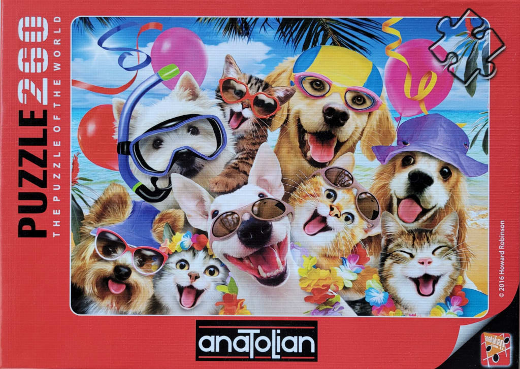 A group of dogs and cats wearing vacation accessories like swim goggles, sunglasses, and floral leis on a beach.