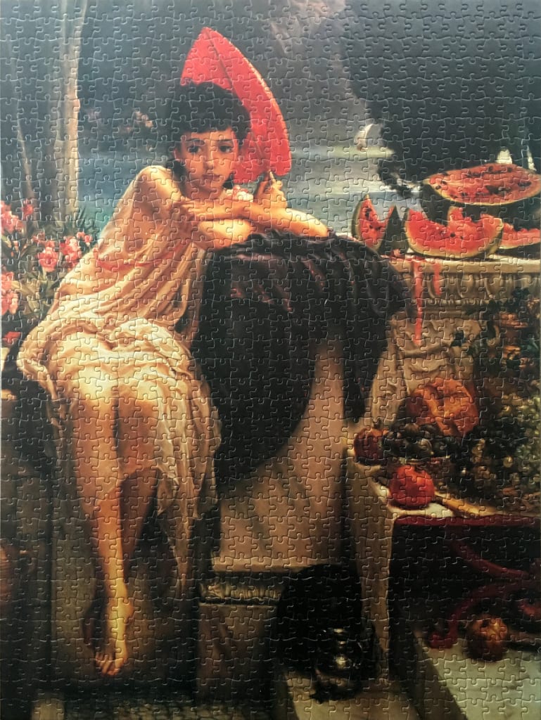 A Victorian-style painting of a young woman leaning on a stone ledge next to slices of watermelon.