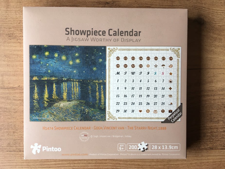 A split-image design featuring Vincent van Gogh's Starry Night Over the Rhone alongside a perpetual calendar grid.