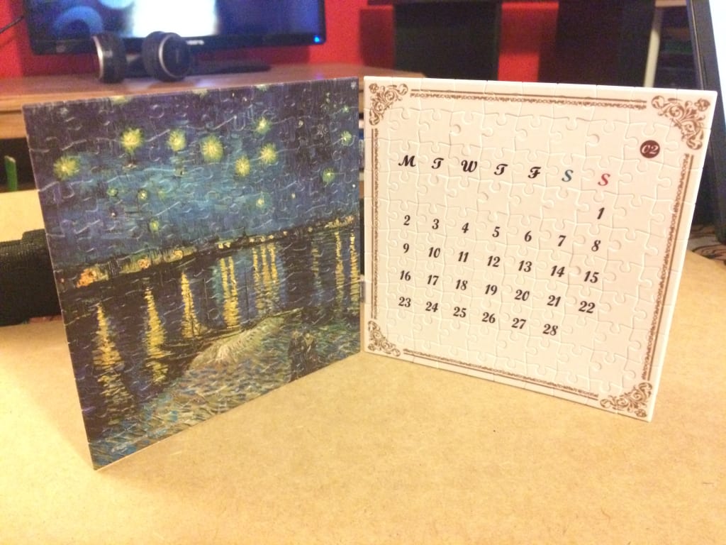 Two square panels side-by-side, one showing Van Gogh's Starry Night Over the Rhone and the other a simple calendar grid.
