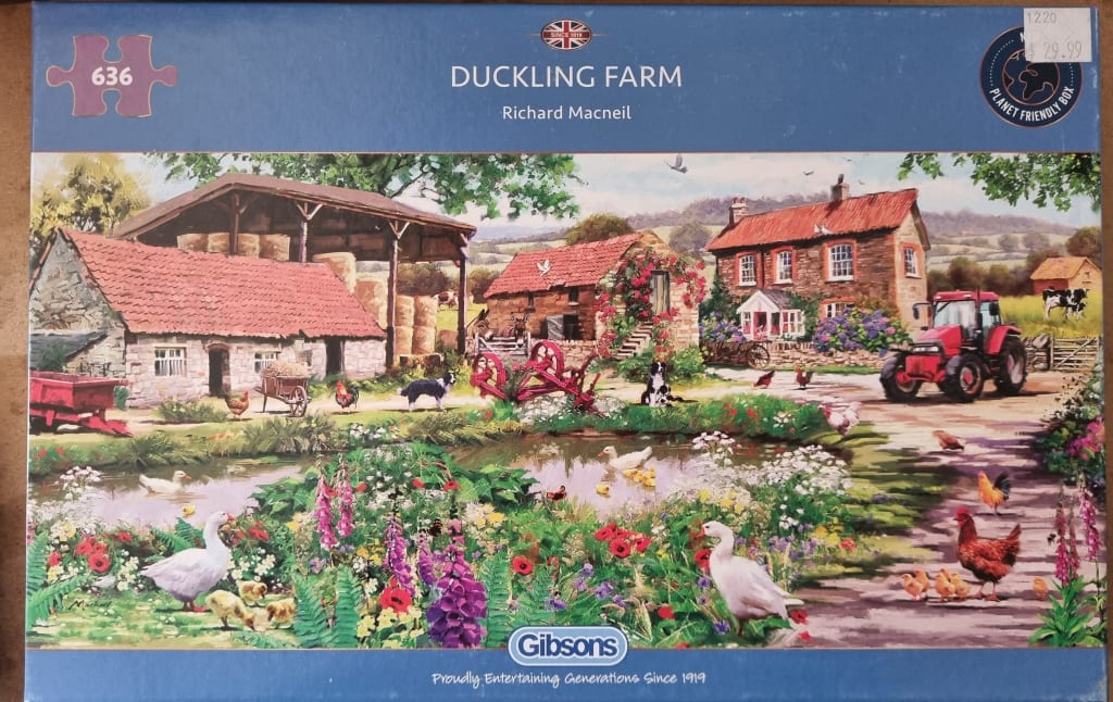 A charming countryside farm scene with ducks, chickens, a red tractor, and stone buildings by a pond.