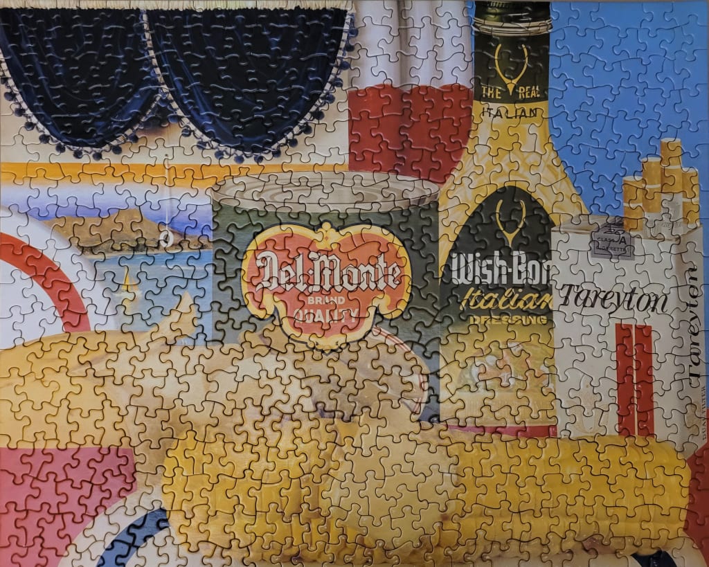 A still life illustration featuring vintage food and household products in front of a window.