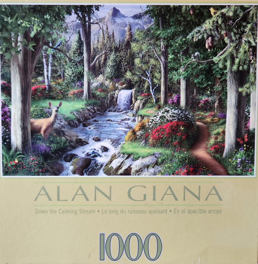 A peaceful woodland scene with a flowing stream, a deer, and vibrant flowers, painted in a realistic art style.