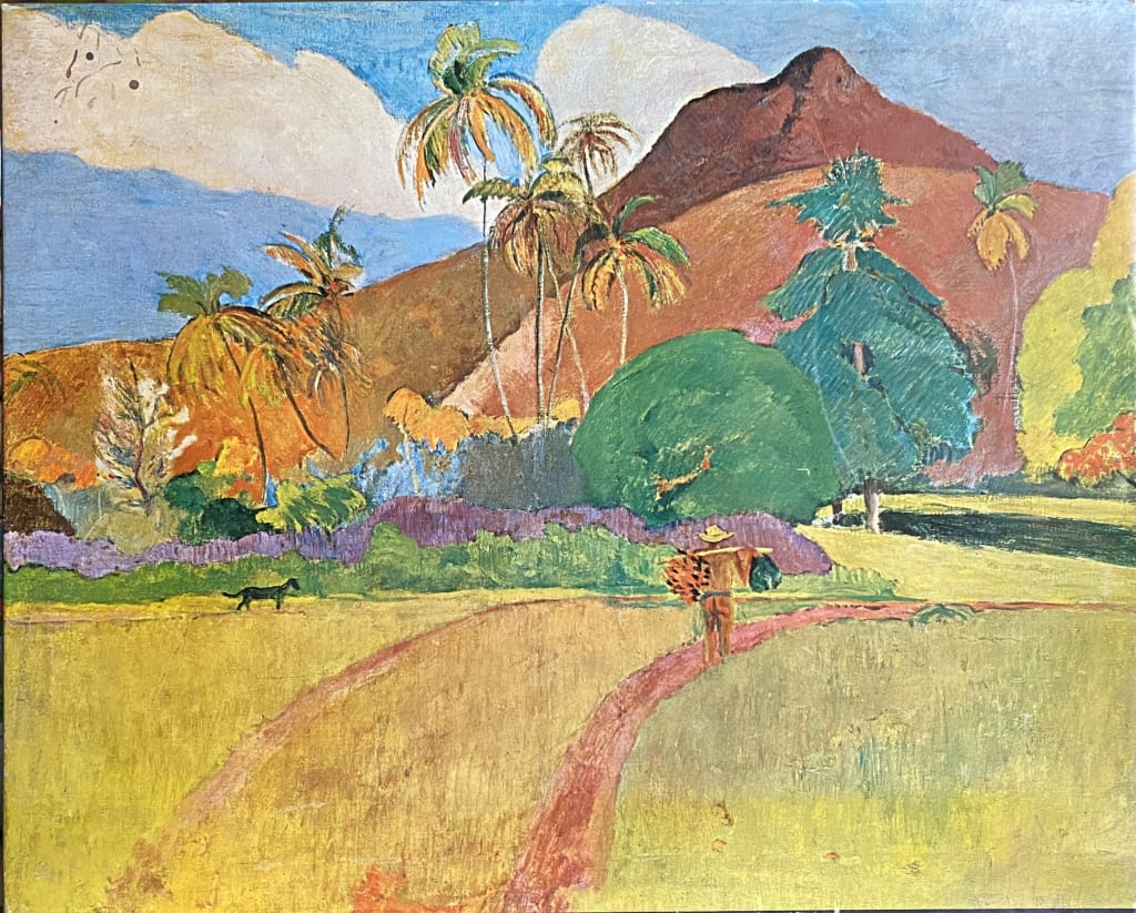 A Gauguin-style oil painting of a tropical landscape with a figure walking on a path toward a large reddish hill.