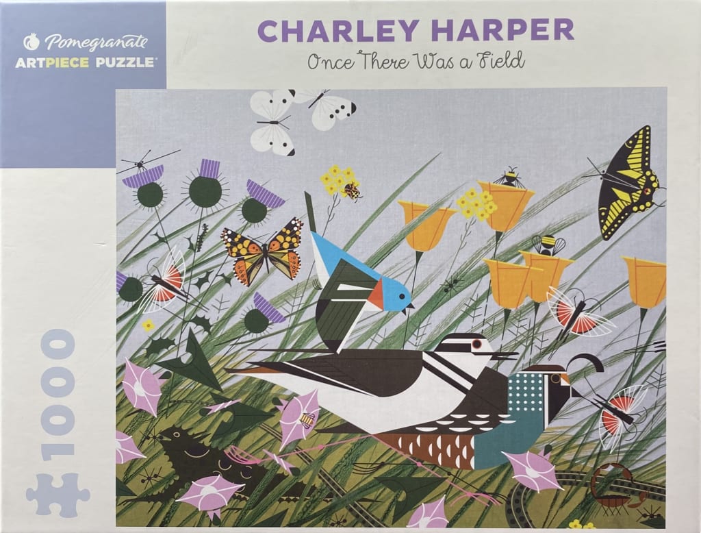 Stylized illustration of birds, butterflies, and wildflowers in a meadow by Charley Harper