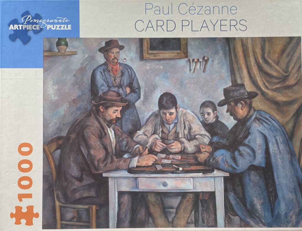 A painting of four men playing cards around a wooden table in a rustic room.