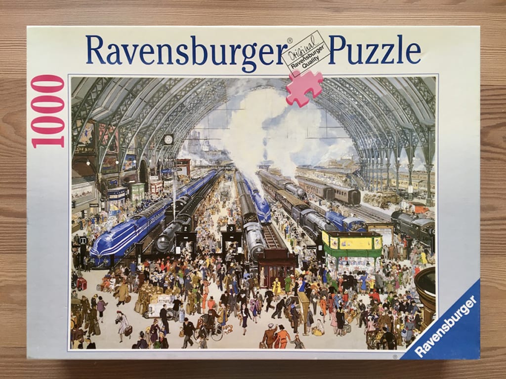 A nostalgic painting of a bustling 1930s-style railway terminal filled with steam trains and passengers.