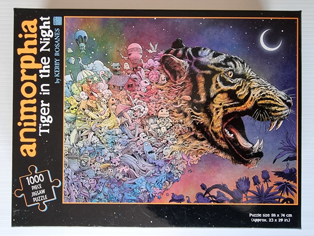 Intricate illustration of a tiger morphing into a chaotic scene of whimsical creatures and objects at night.