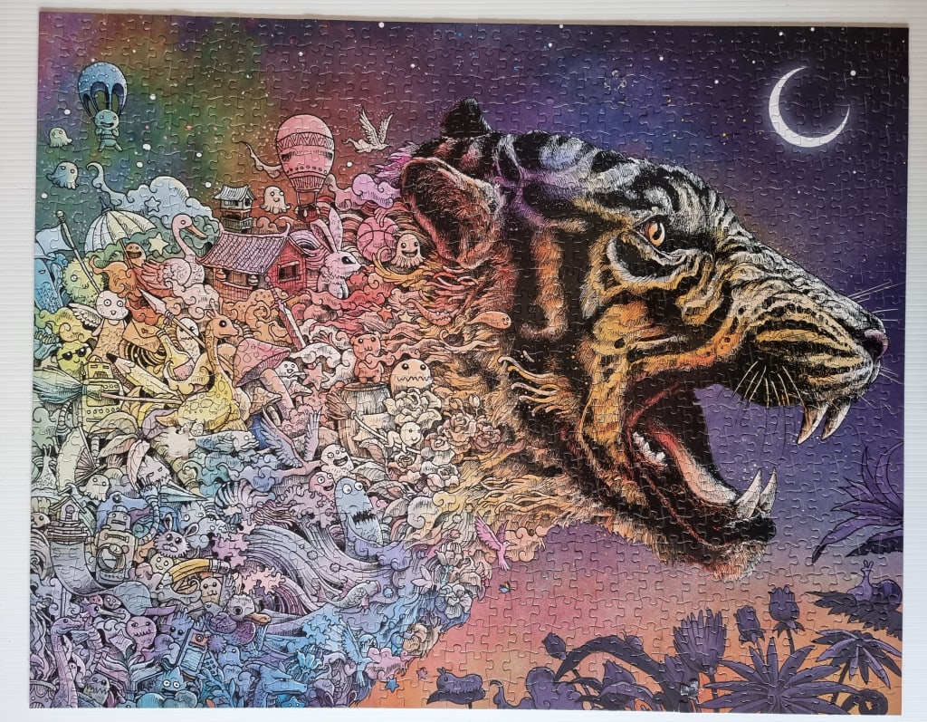 A surreal illustration featuring a roaring tiger morphing into a chaotic dreamscape of whimsical doodles.