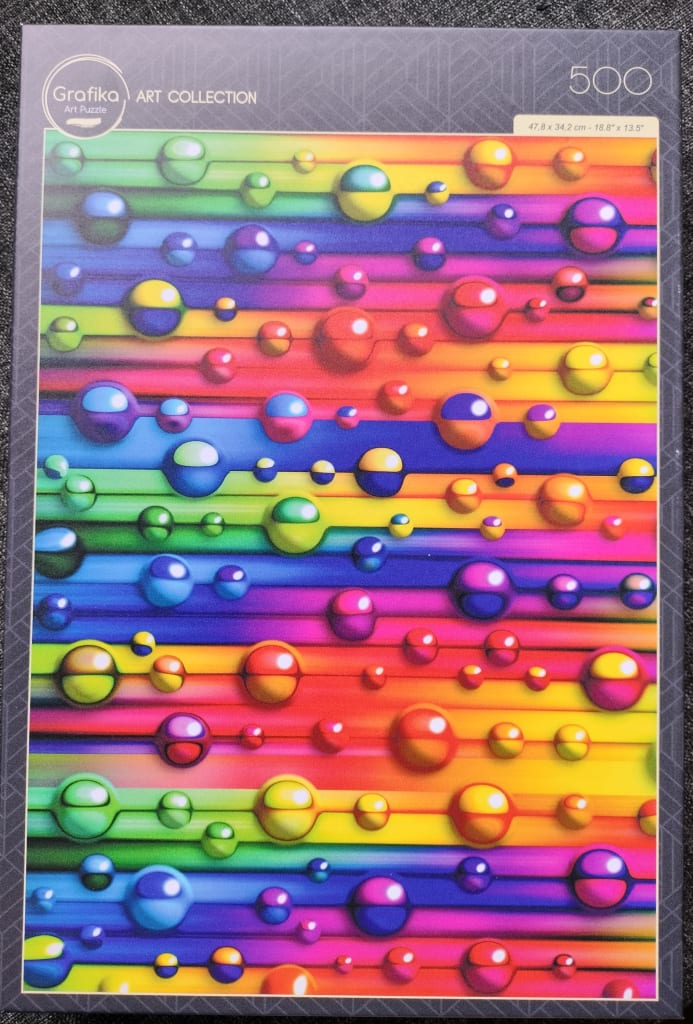 Abstract artwork featuring multi-colored horizontal stripes and floating spheres.