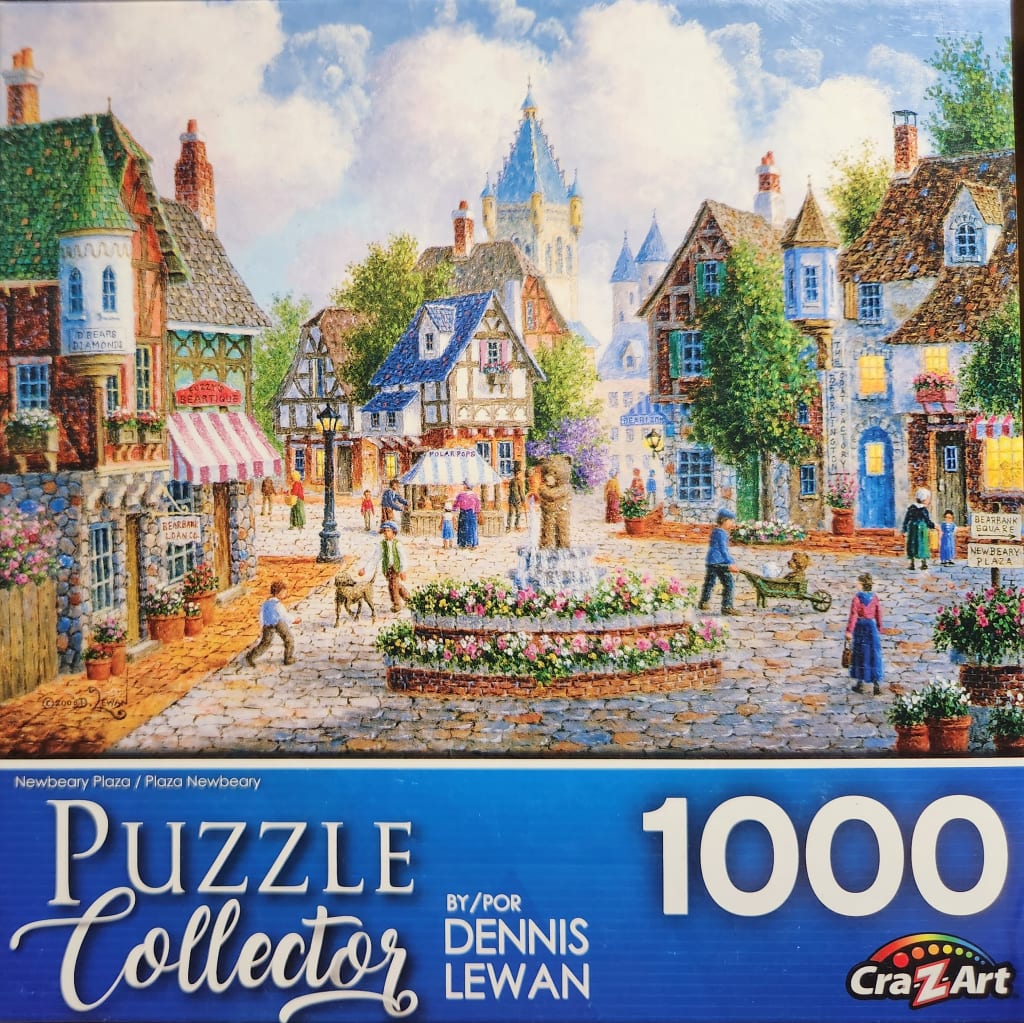 An oil-style painting of a quaint European-style village square featuring a bear statue fountain and timber-framed shops.