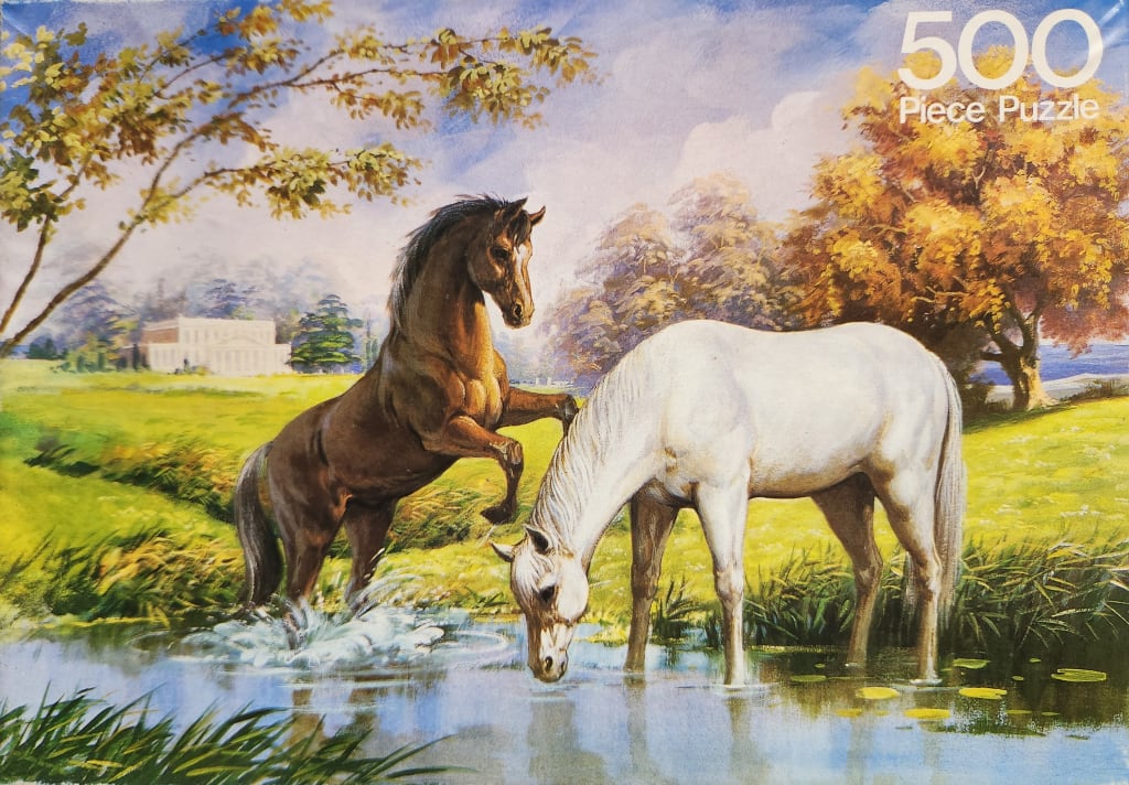 A painting of a dark brown horse rearing up near a white horse grazing in a stream in front of a manor house.
