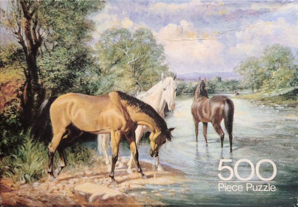 An oil painting of three horses drinking and wading in a shallow river surrounded by lush greenery and a cloudy sky.