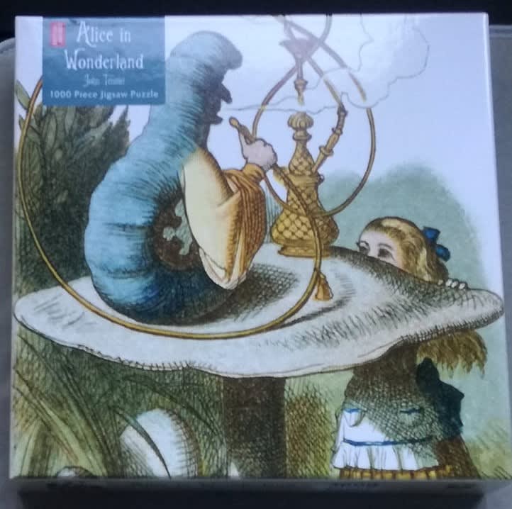 John Tenniel illustration of the blue Caterpillar sitting on a mushroom smoking a hookah as Alice peeks over the edge.