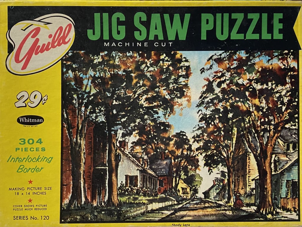 A vintage illustration of a tree-lined residential street in autumn.