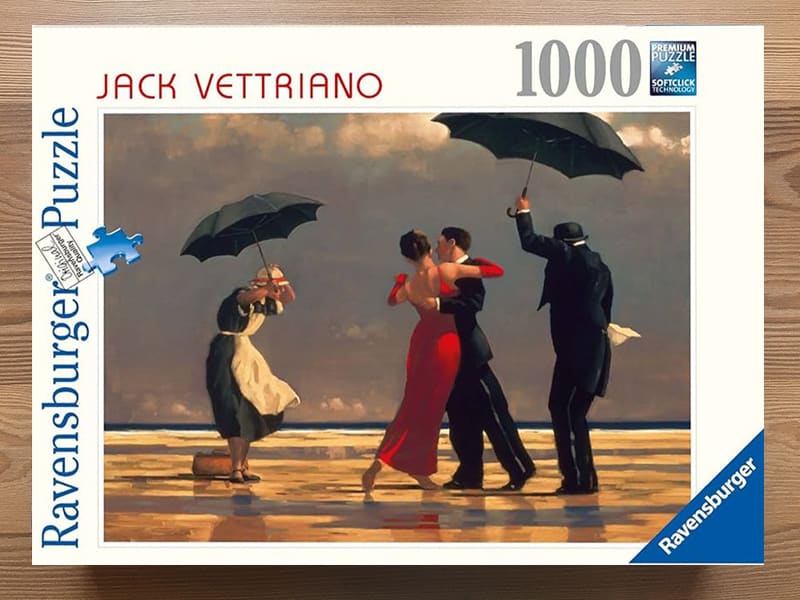 Oil painting of a couple dancing on a beach while attended by two figures holding black umbrellas.