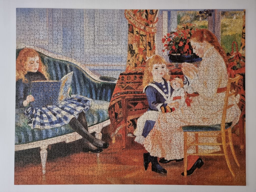 Impressionist painting of a girl reading on a sofa and a woman sewing with a child in an interior room.