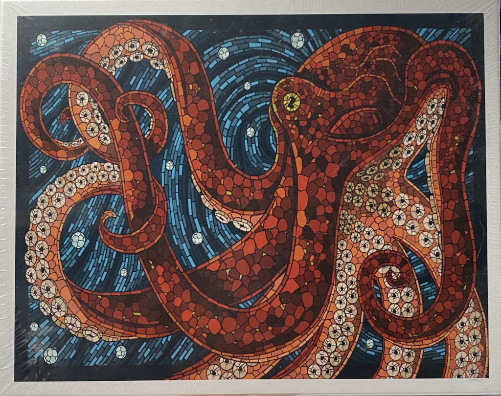 Mosaic-style illustration of a vibrant red octopus swirling against a deep blue, starry background.