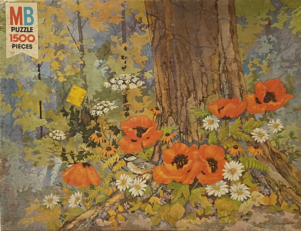 A watercolor illustration of bright orange poppies and daisies at the base of a tree in a forest setting.