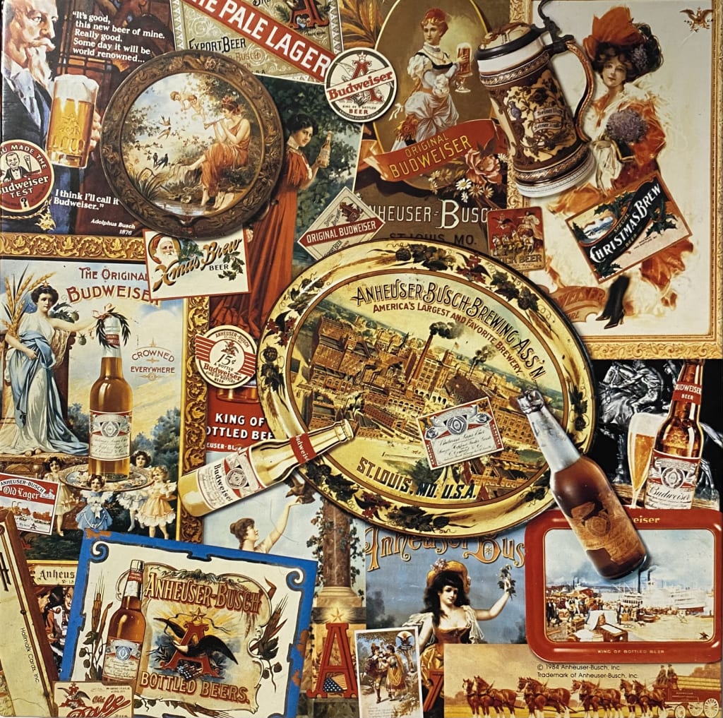 A collage of vintage beer advertisements and memorabilia featuring illustrations of women, bottles, and brewery scenes.