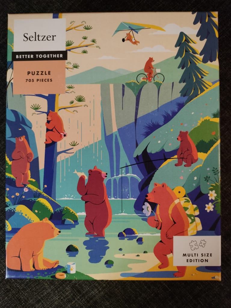 A whimsical illustration of seven red bears engaging in outdoor activities like fishing, hiking, and hang-gliding.