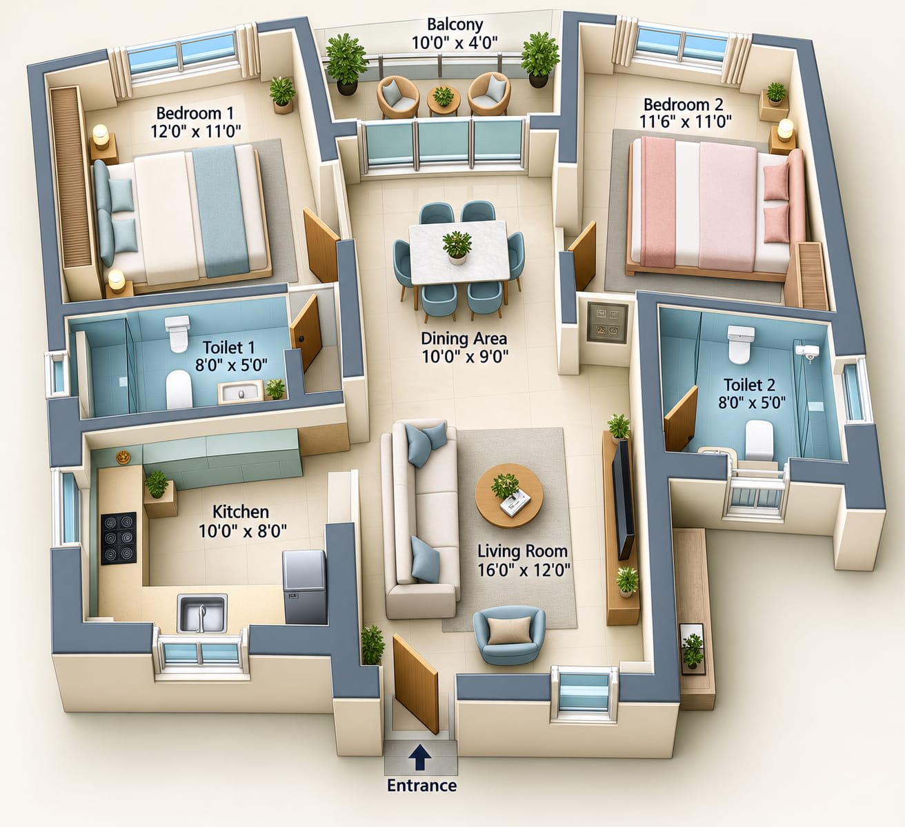 2 BHK 1000SFT