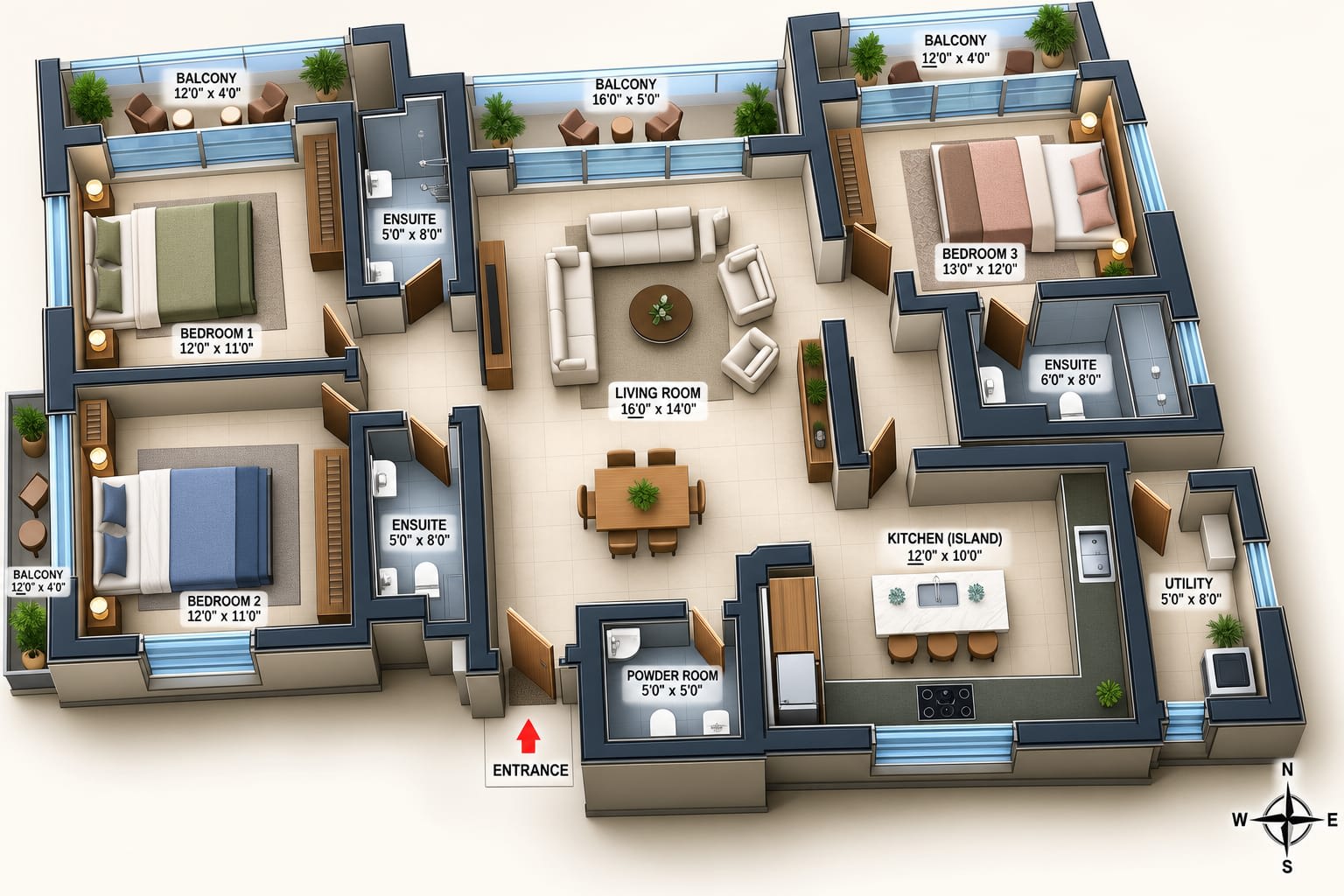 3BHK 1200 SFT