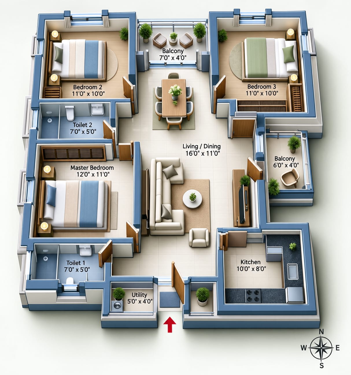 3BHK 1250 SFT