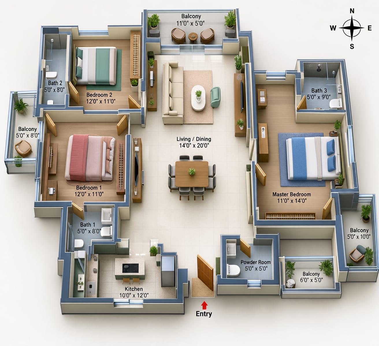 3BHK 1300 SFT