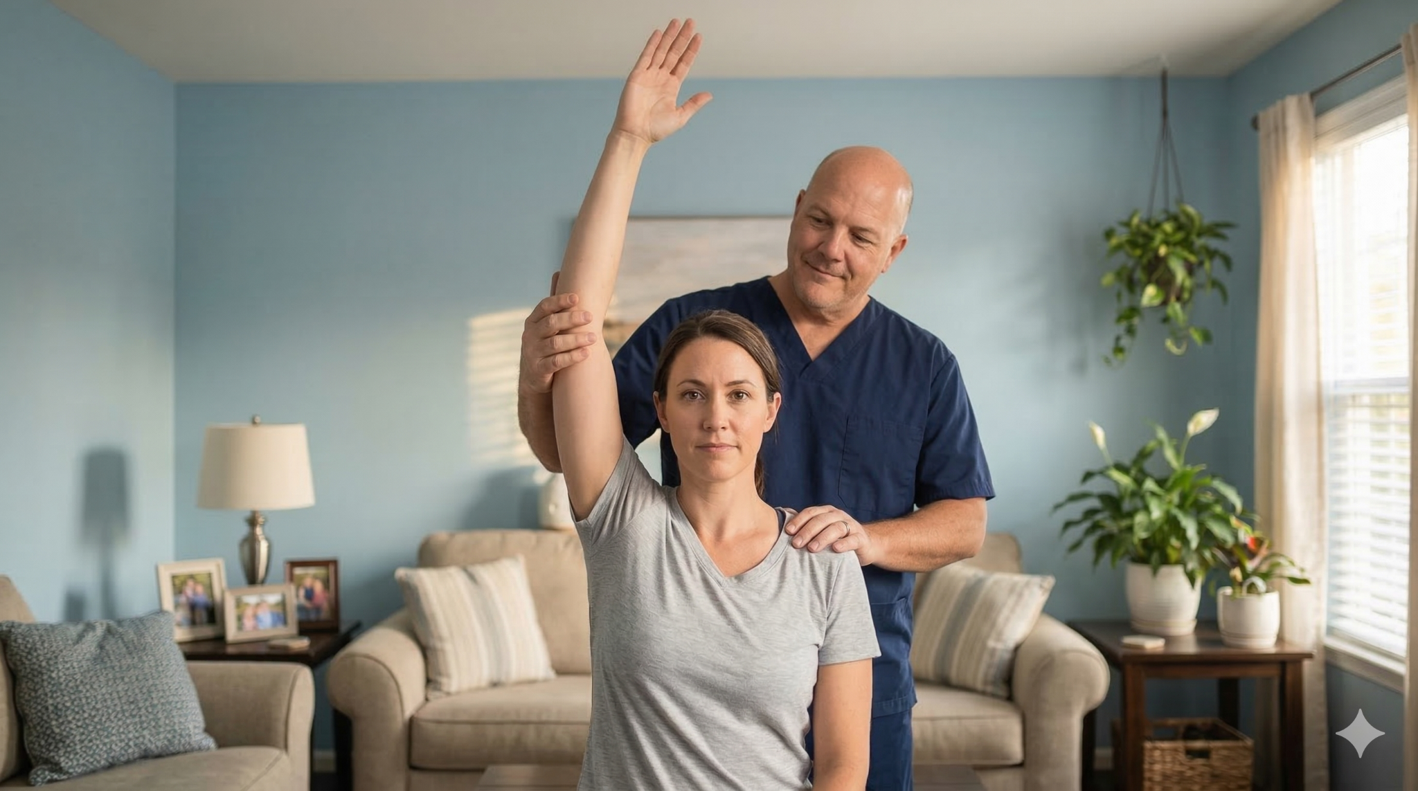 Dr. David DeFries demonstrating shoulder movement and exercises during a chiropractic visit