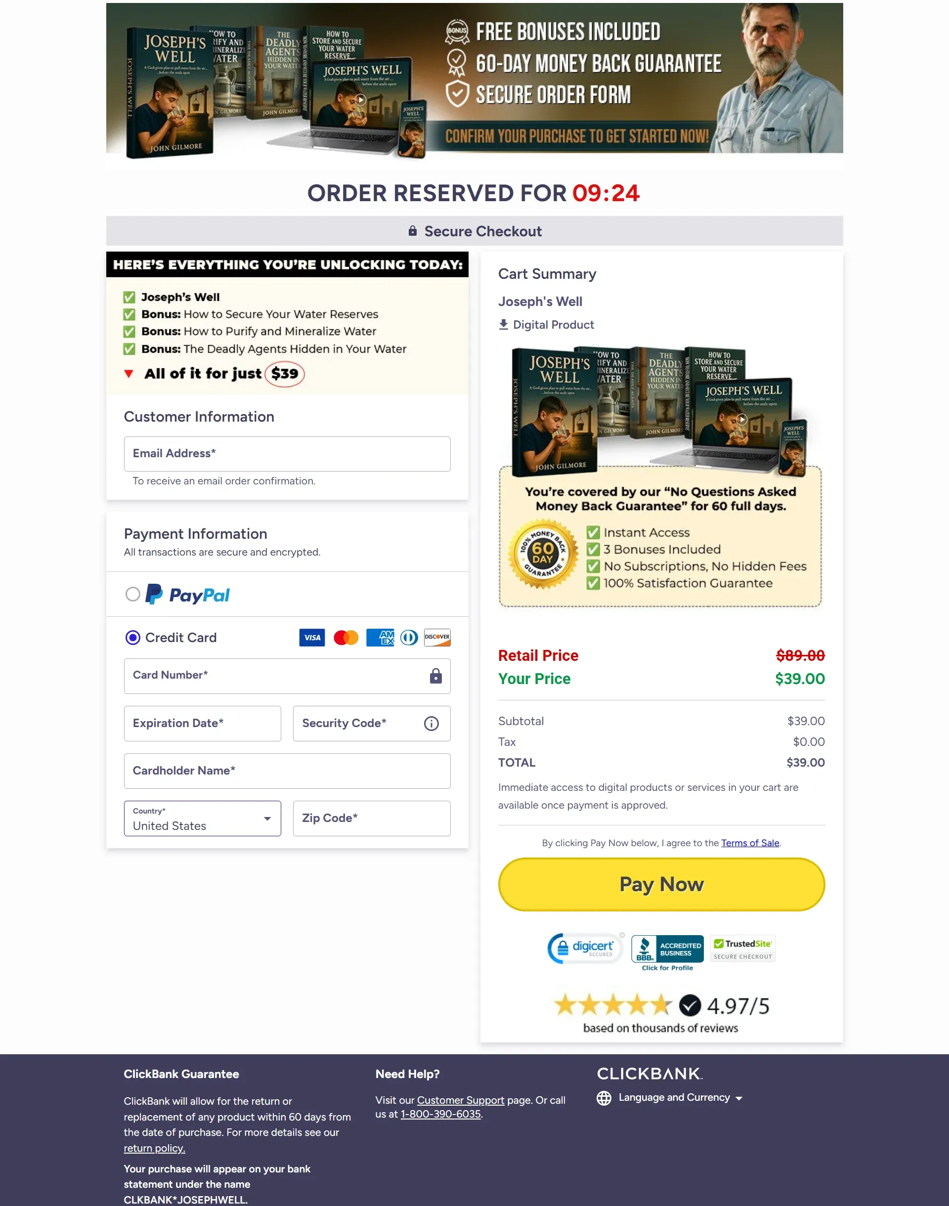 Joseph's Well System checkout page — $39 one-time payment with instant digital access