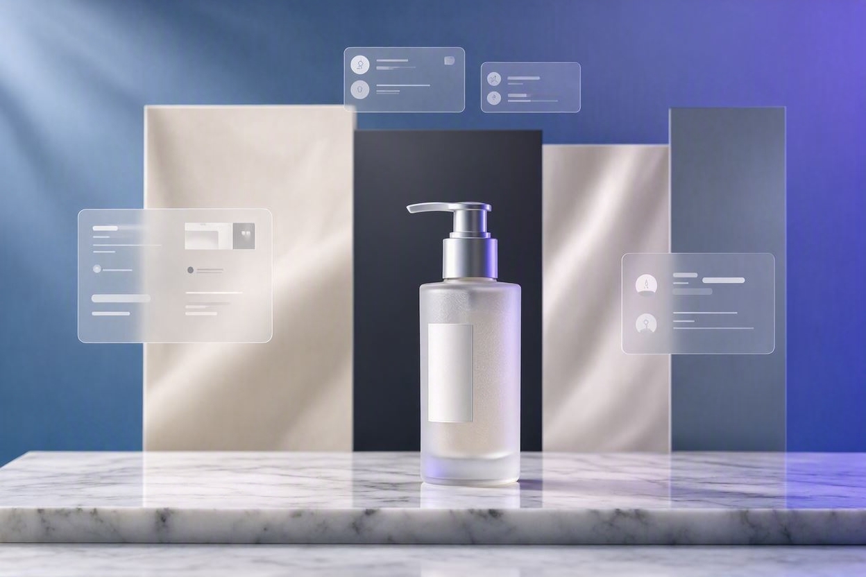 Artistly AI-generated premium ecommerce product photograph of a skincare bottle on a marble surface with multiple background variations