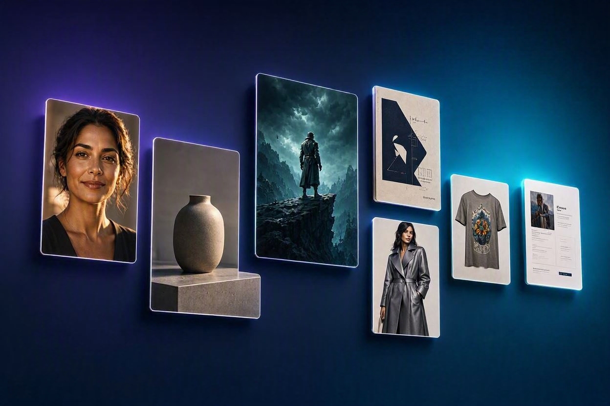 Artistly showcase wall of AI-created creative work including portraits, product images, fantasy illustration, book covers, fashion design and social media graphics