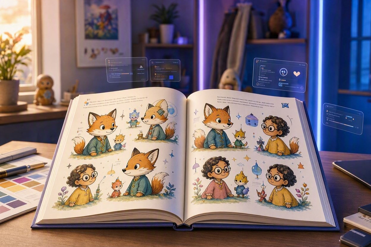 Artistly storybook creation workspace showing two consistent illustrated characters across multiple magical scenes and open storybook pages