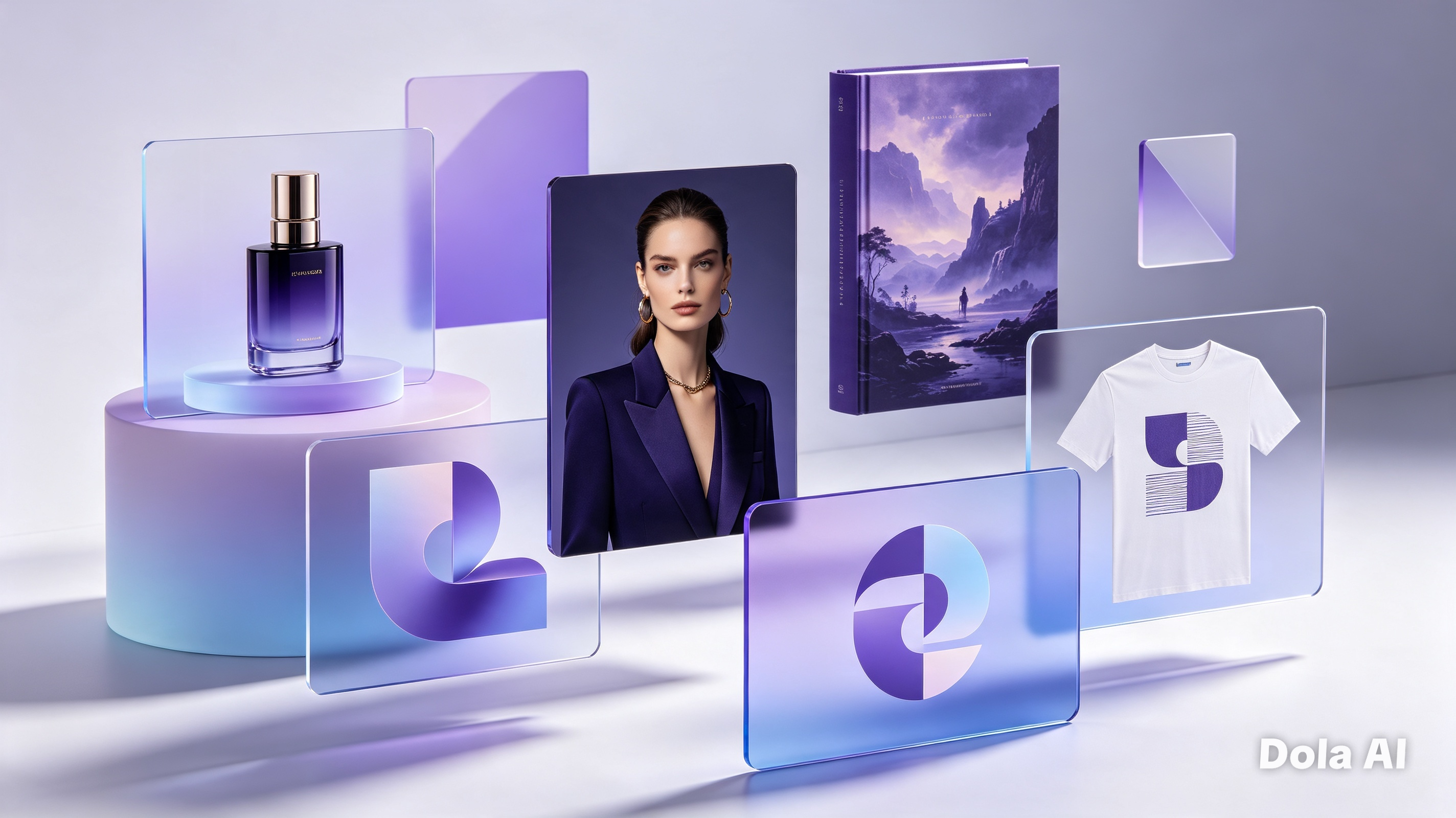 Collage of Artistly AI creative applications including ecommerce product photography, fashion portrait, book illustration, t-shirt design, social media advertisement and digital artwork