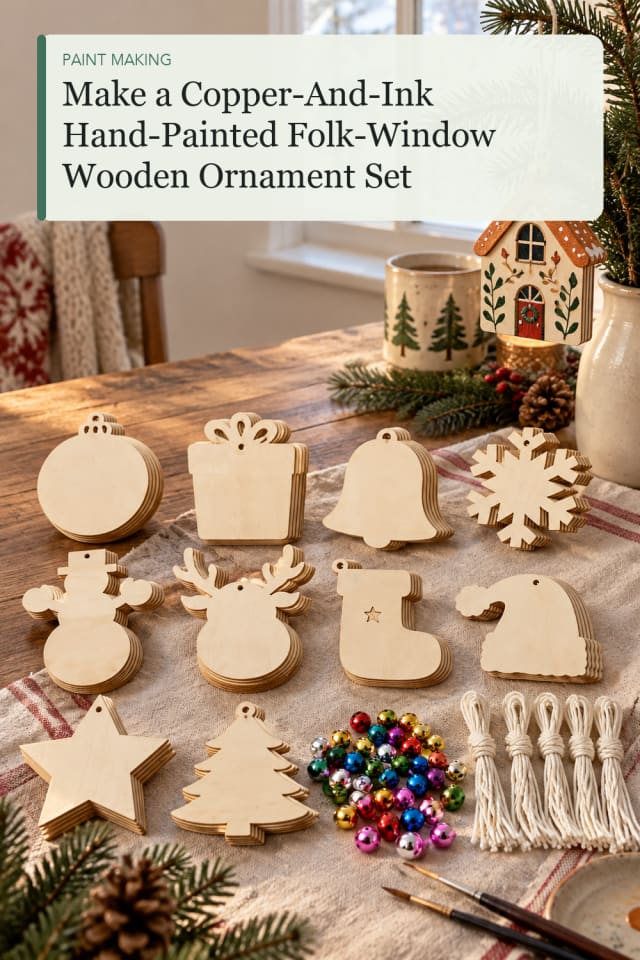 Copper And Ink Hand Painted Folk Window Wooden Ornament Set — Painting Project Idea for Craft Lovers maker-lifestyle pin