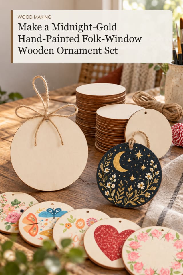 Midnight Gold Hand Painted Folk Window Wooden Ornament Set — Creative Wood Craft Project Inspiration maker-lifestyle pin