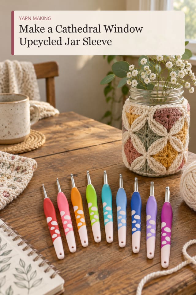 Cathedral Window Upcycled Jar Sleeve — Creative Crochet and Yarn Project Idea and Supply Inspiration maker-lifestyle pin