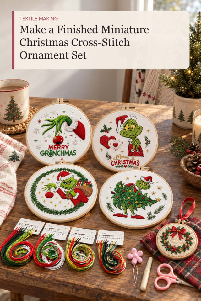 Finished Miniature Christmas Cross Stitch Ornament Set — Sewing and Textile Craft Project for Makers maker-lifestyle pin