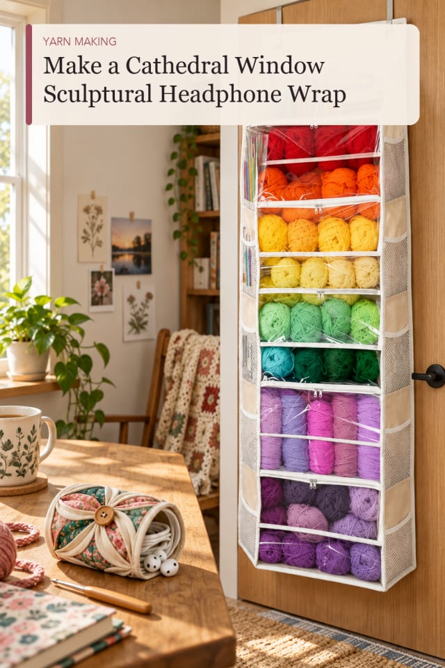 Cathedral Window Sculptural Headphone Wrap — Creative Crochet and Yarn Project Idea for Craft Lovers maker-lifestyle pin