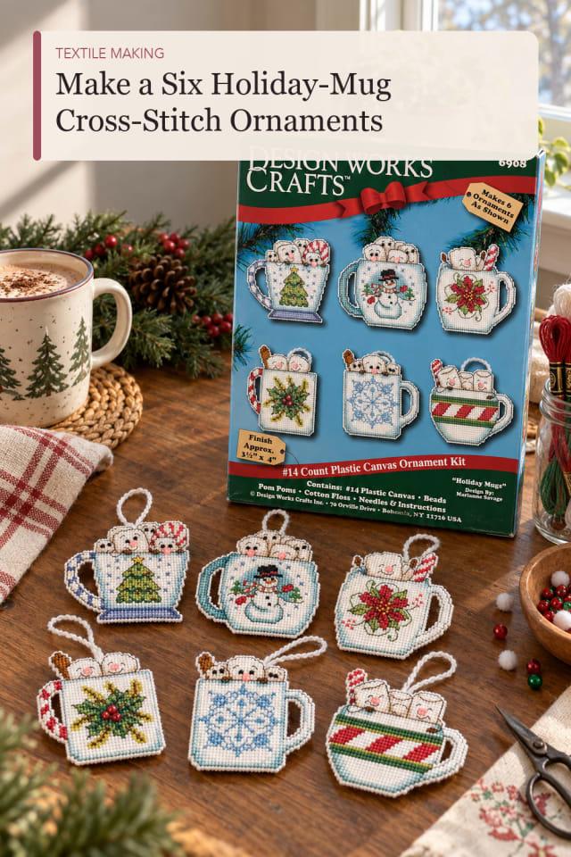 Six Holiday Mug Cross Stitch Ornaments — DIY Sewing and Textile Craft Project and Supply Inspiration maker-lifestyle pin